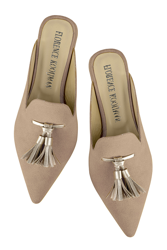 Biscuit beige and gold women's loafer mules. Pointed toe. Flat flare heels. Top view - Florence KOOIJMAN